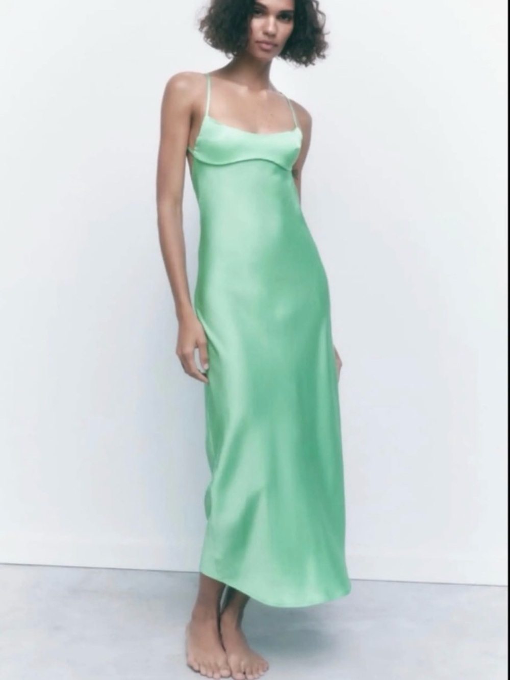 Zara Satin Slip Maxi Dress in Green